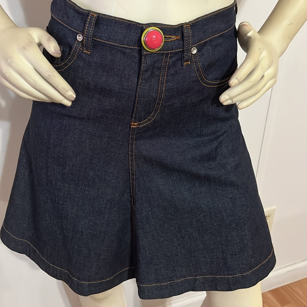 RED Valentino Dark Indigo Denim Midi Skirt with Pink Button